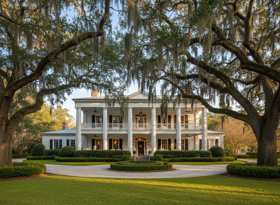 A stately Southern-style bed and breakfast exterior named “Laurel Oaks,” featuring a gracious two-story white clapboard house with deep wraparound porches, black shutters, and tall columns. Mature live oak trees draped in Spanish moss frame the building, with manicured boxwood hedges and a crushed-shell driveway leading to the entrance. Early golden-hour sunlight filters through the oaks, casting dappled shadows across the lawn and highlighting the soft sheen of the white paint. Captured in photographic realism from a slightly elevated, wide-angle perspective, the composition follows the rule of thirds, with the inn set slightly off-center and the sky a pale blue backdrop. The mood is refined yet welcoming, suggesting a luxurious, quiet retreat in a quaint, historic setting.